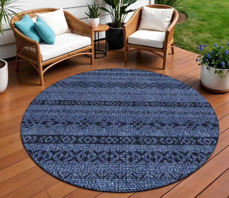 8' Navy Blue And Black Round Southwestern Washable Indoor Outdoor Area Rug