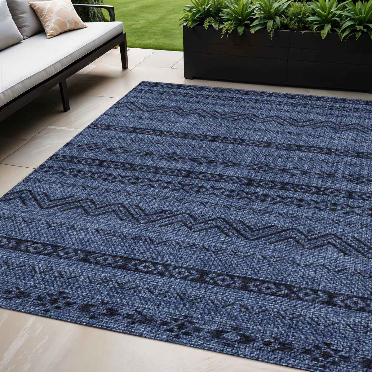 5' X 8' Navy Blue And Black Southwestern Washable Indoor Outdoor Area Rug