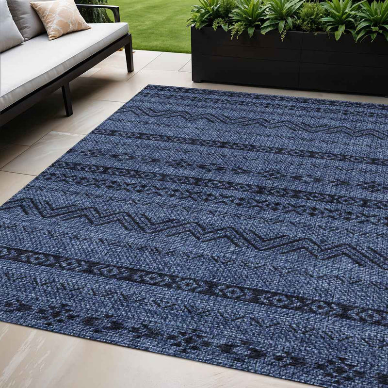 5' X 8' Navy Blue And Black Southwestern Washable Indoor Outdoor Area Rug