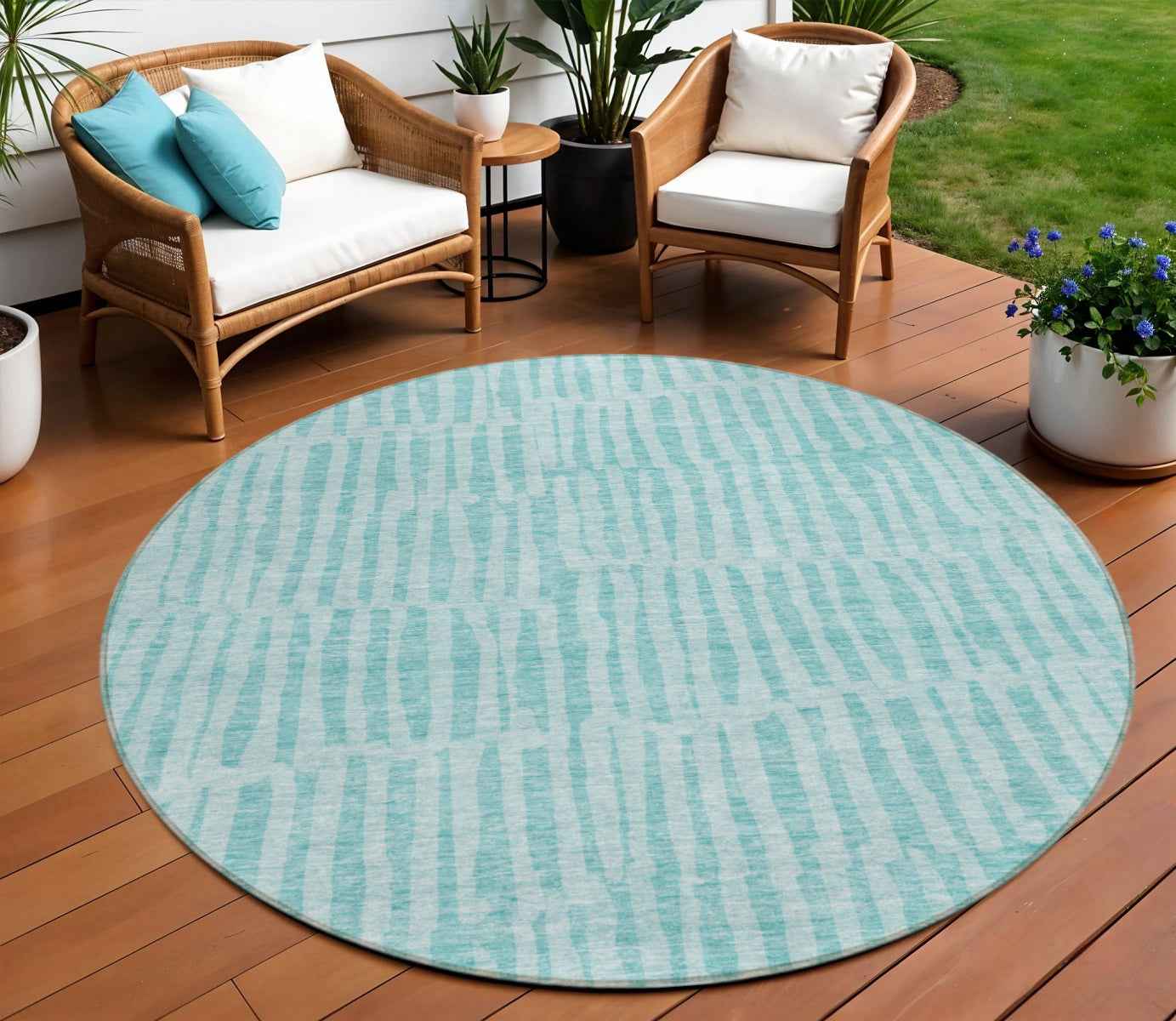 8' Teal Blue And Aqua Round Striped Washable Indoor Outdoor Area Rug