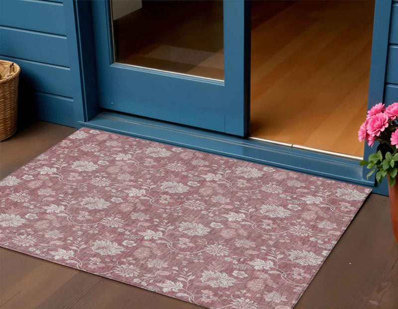3' X 5' Blush Pink And Mauve Floral Washable Indoor Outdoor Area Rug