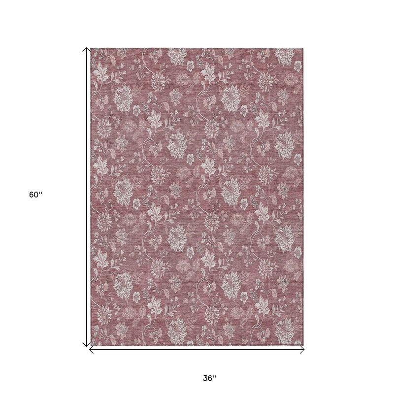 3' X 5' Blush Pink And Mauve Floral Washable Indoor Outdoor Area Rug