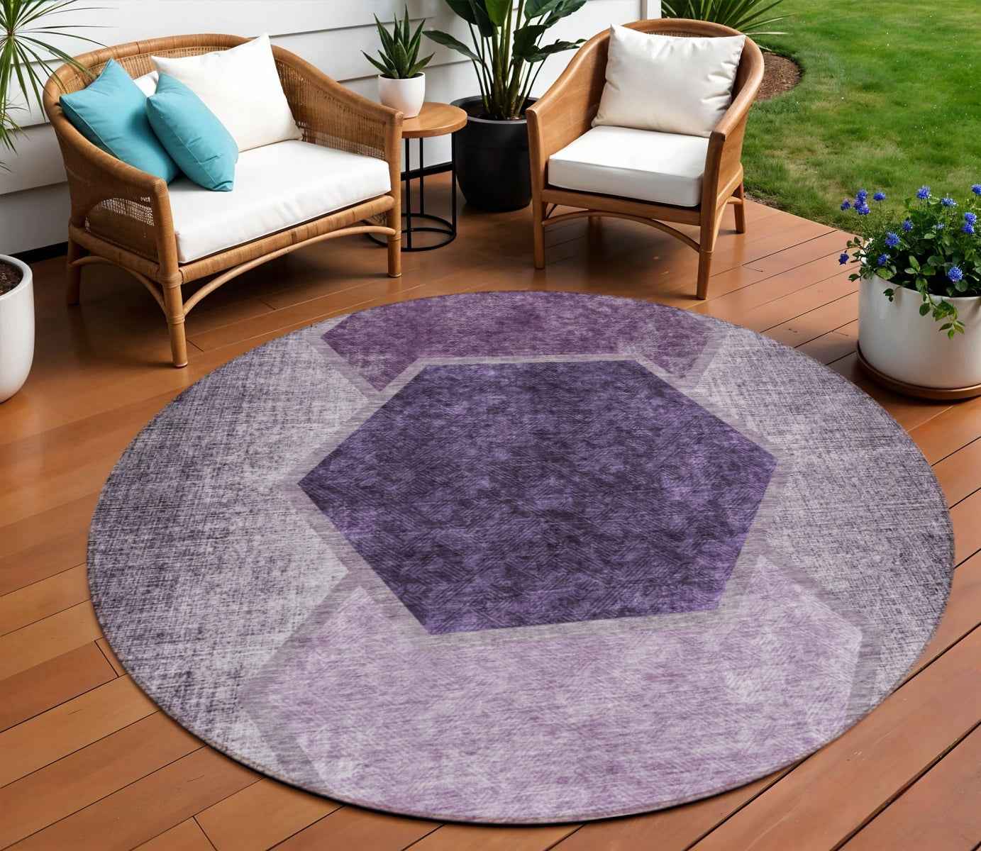 8' Eggplant Purple And Lavender Round Geometric Washable Indoor Outdoor Area Rug