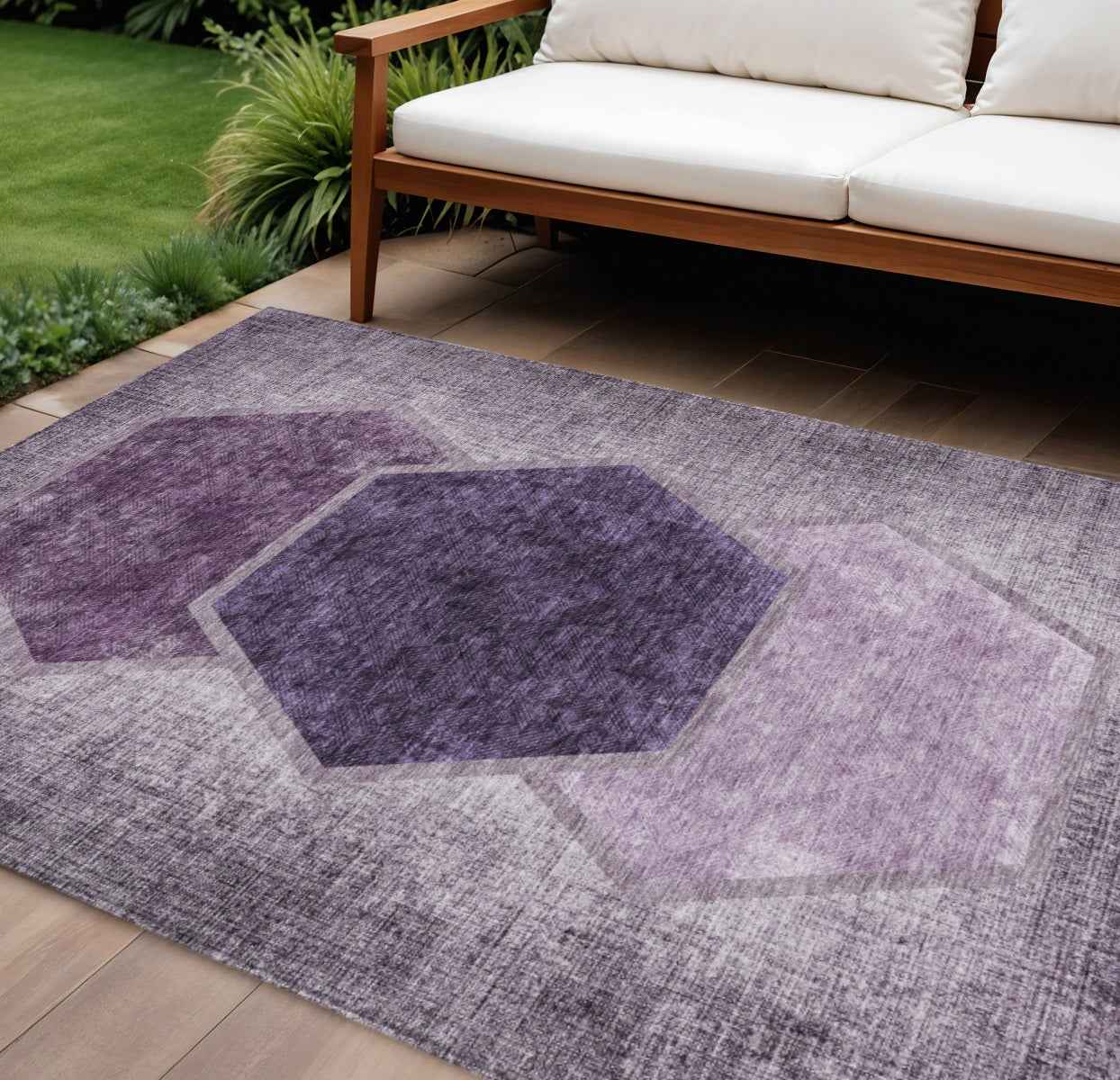 8' X 10' Eggplant Purple And Lavender Geometric Washable Indoor Outdoor Area Rug
