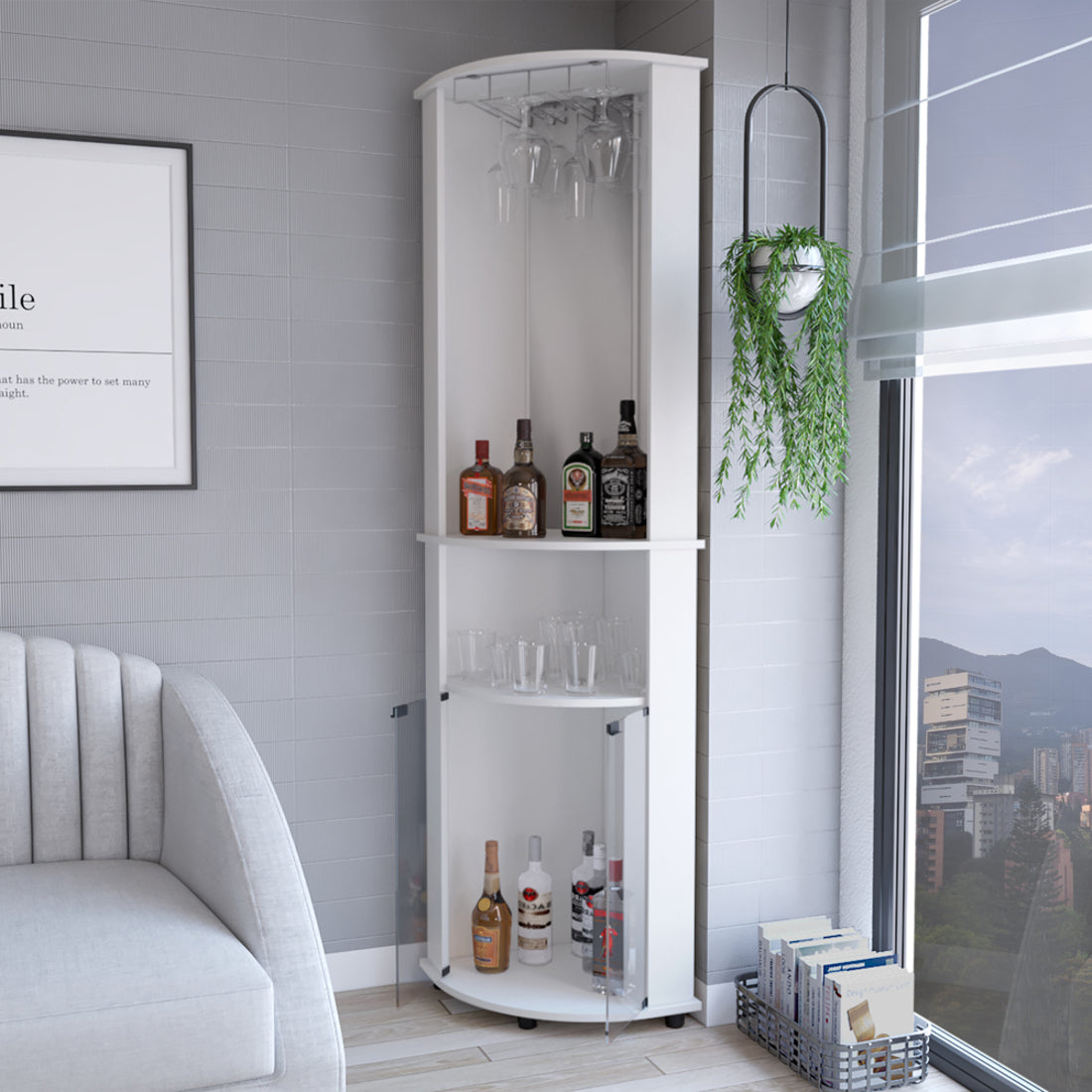 75" White Wood Corner Bar Cabinet With Three Shelves