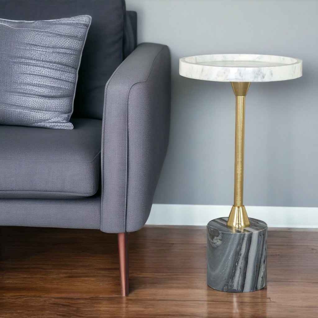22" Gold Gray And White Marble And Iron Round Pedestal End Table