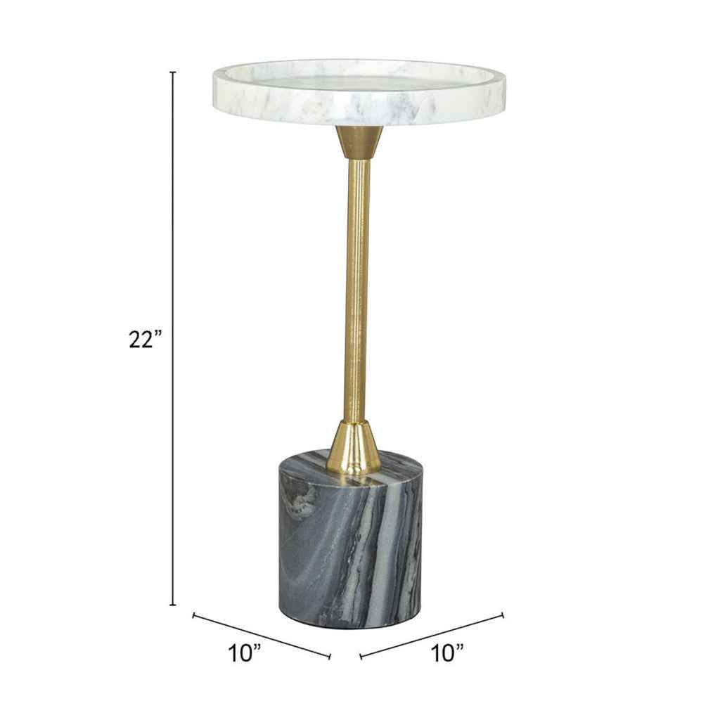 22" Gold Gray And White Marble And Iron Round Pedestal End Table