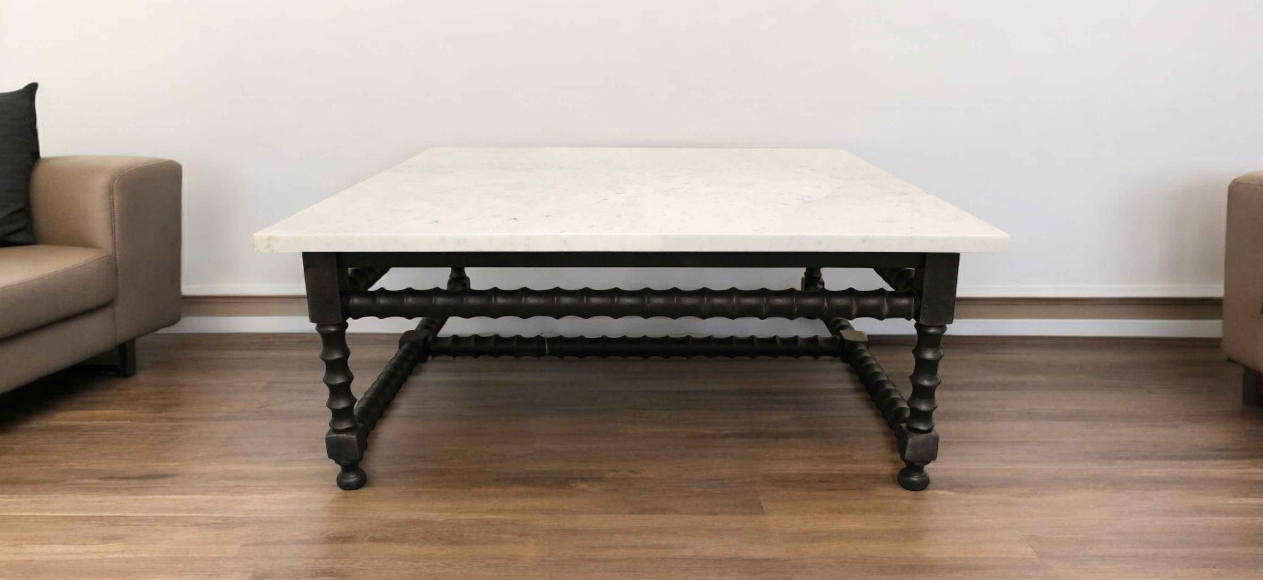48" White And Black Genuine Marble And Solid Wood Square Coffee Table