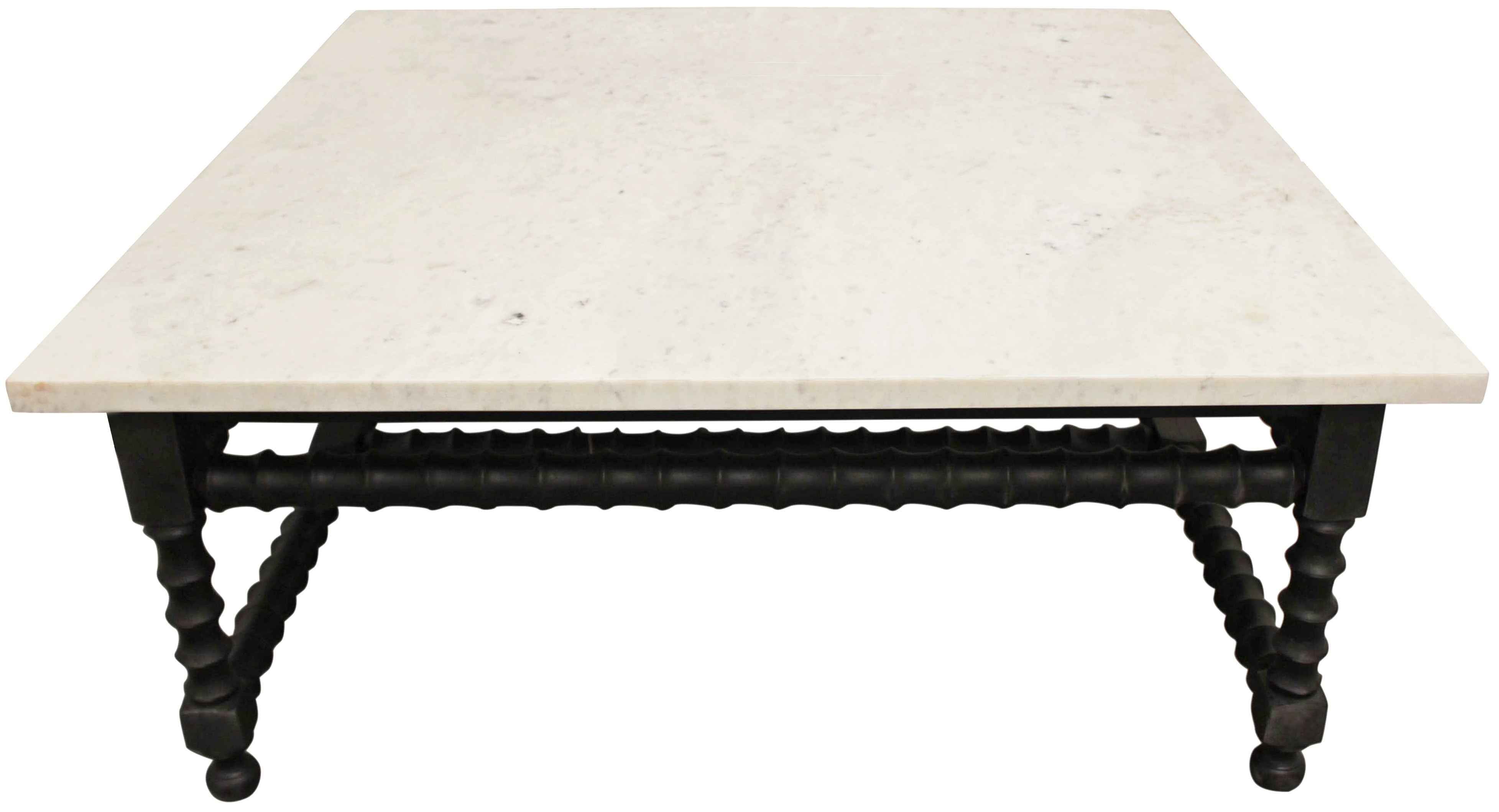 48" White And Black Genuine Marble And Solid Wood Square Coffee Table