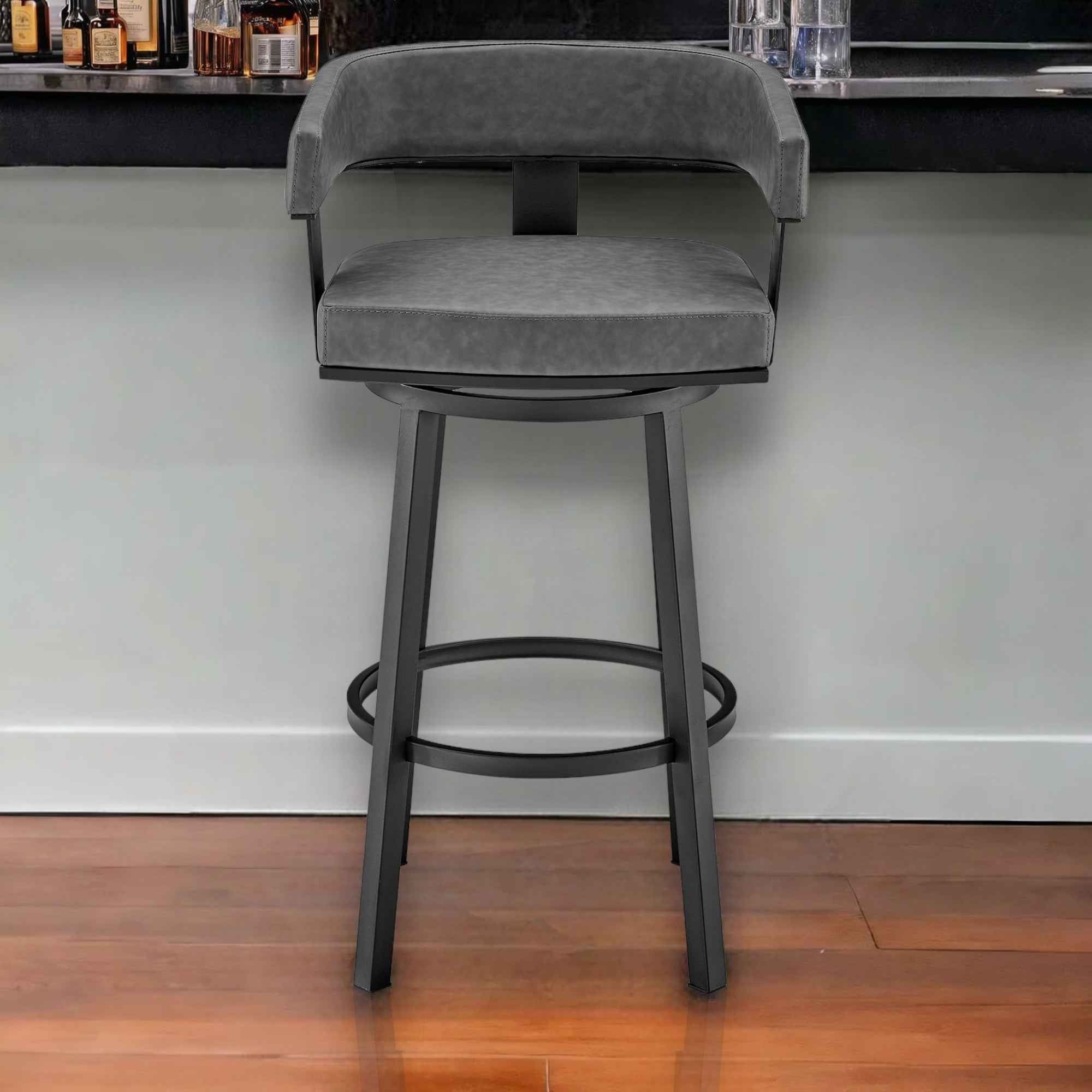 30" Gray and Black Faux Leather and Iron Low Back Bar Height Swivel Bar Chair