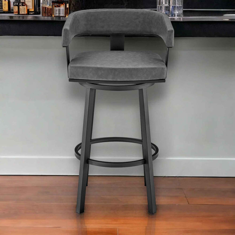30" Gray and Black Faux Leather and Iron Low Back Bar Height Swivel Bar Chair