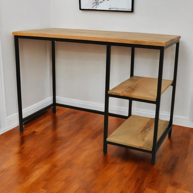 42" Natural and Black Solid Wood and Metal Computer Desk