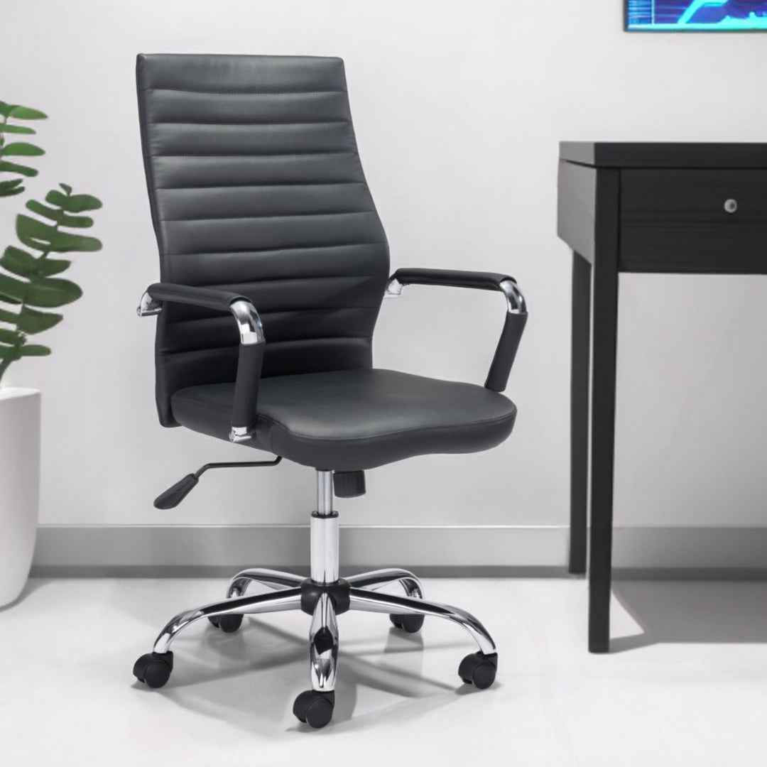 Silver and Black Adjustable Swivel Faux Leather Rolling Conference Office Chair