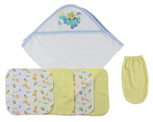Blue Hooded Towel, Washcloths And Hand Washcloth Mitt - 6 Pc Set  Cs_0009 - Infant Wear