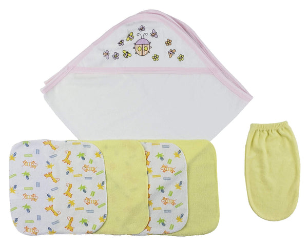 Pink Hooded Towel, Washcloths And Hand Washcloth Mitt - 6 Pc Set  Cs_0010 - Infant Wear