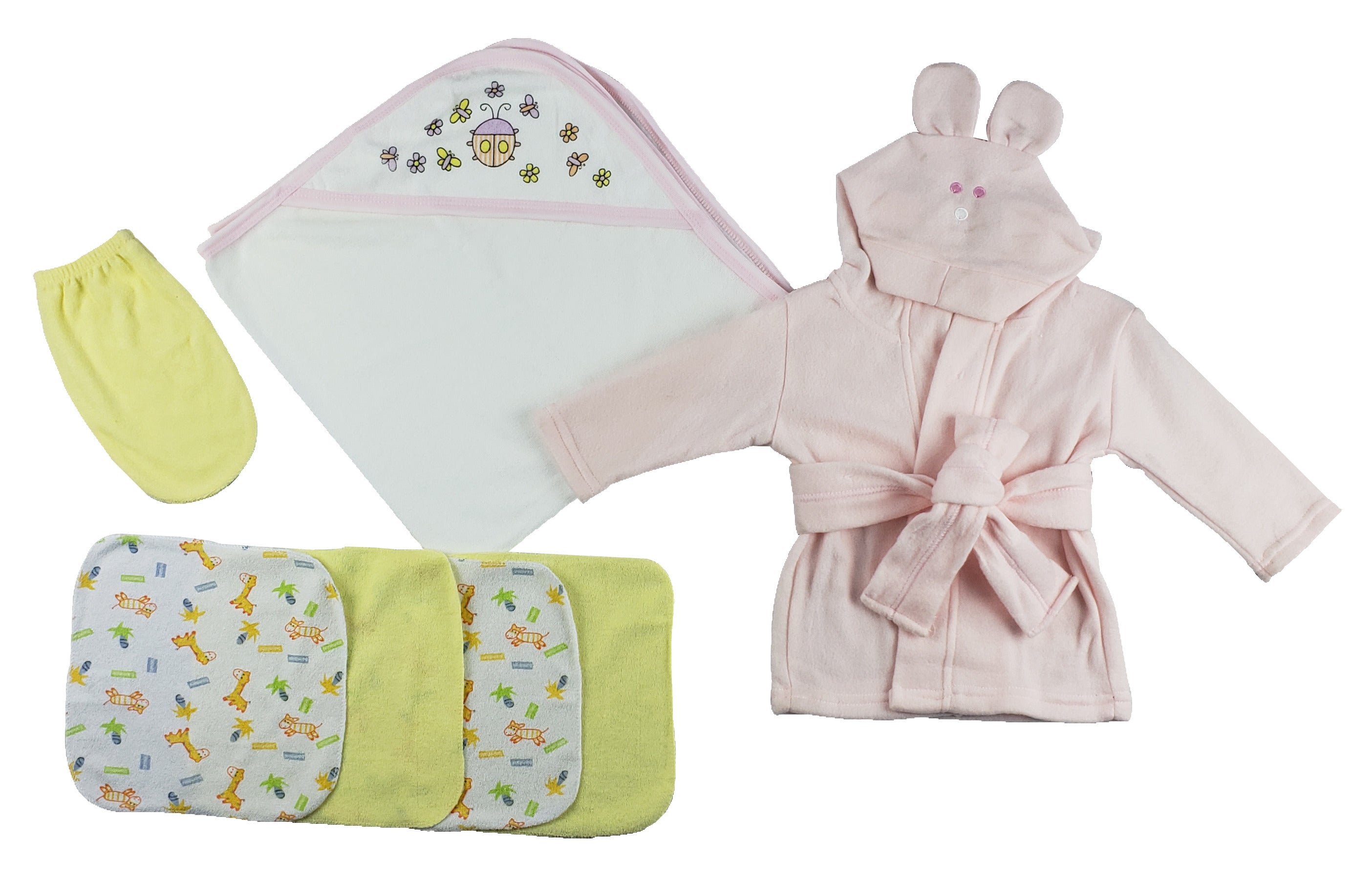 Pink Infant Robe, Hooded Towel, Washcloths And Hand Washcloth Mitt - 7 Pc Set  Cs_0011 - GreatEagleInc