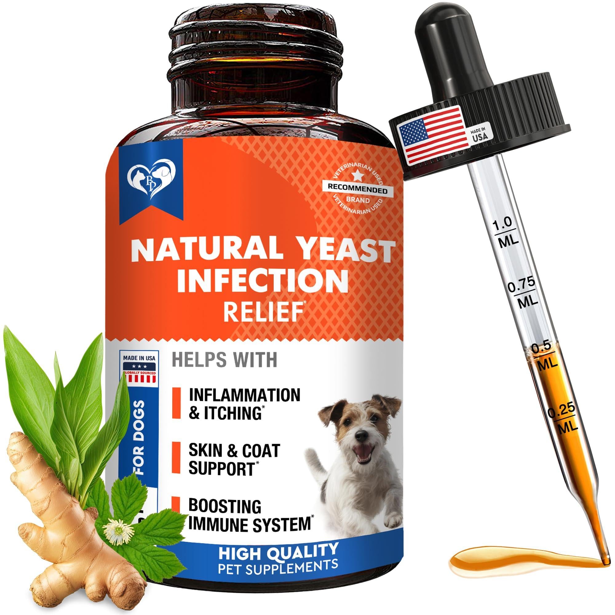Natural Dog Yeast Infection Anti Itch Treatment   Itchy Ears Skin & Allergy Symptoms Relief   Reduces Inflammation & Relieves Irritation   Herbal Medicine Supplement Drops   Made in USA - GreatEagleInc