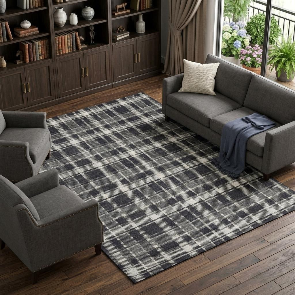 10' X 14' Black And Gray Plaid Shag Washable Area Rug With UV Protection - Home & Garden