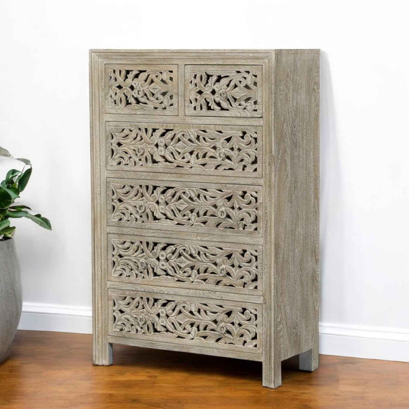 35" Gray Carved Floral Solid Wood Six Drawer Dresser