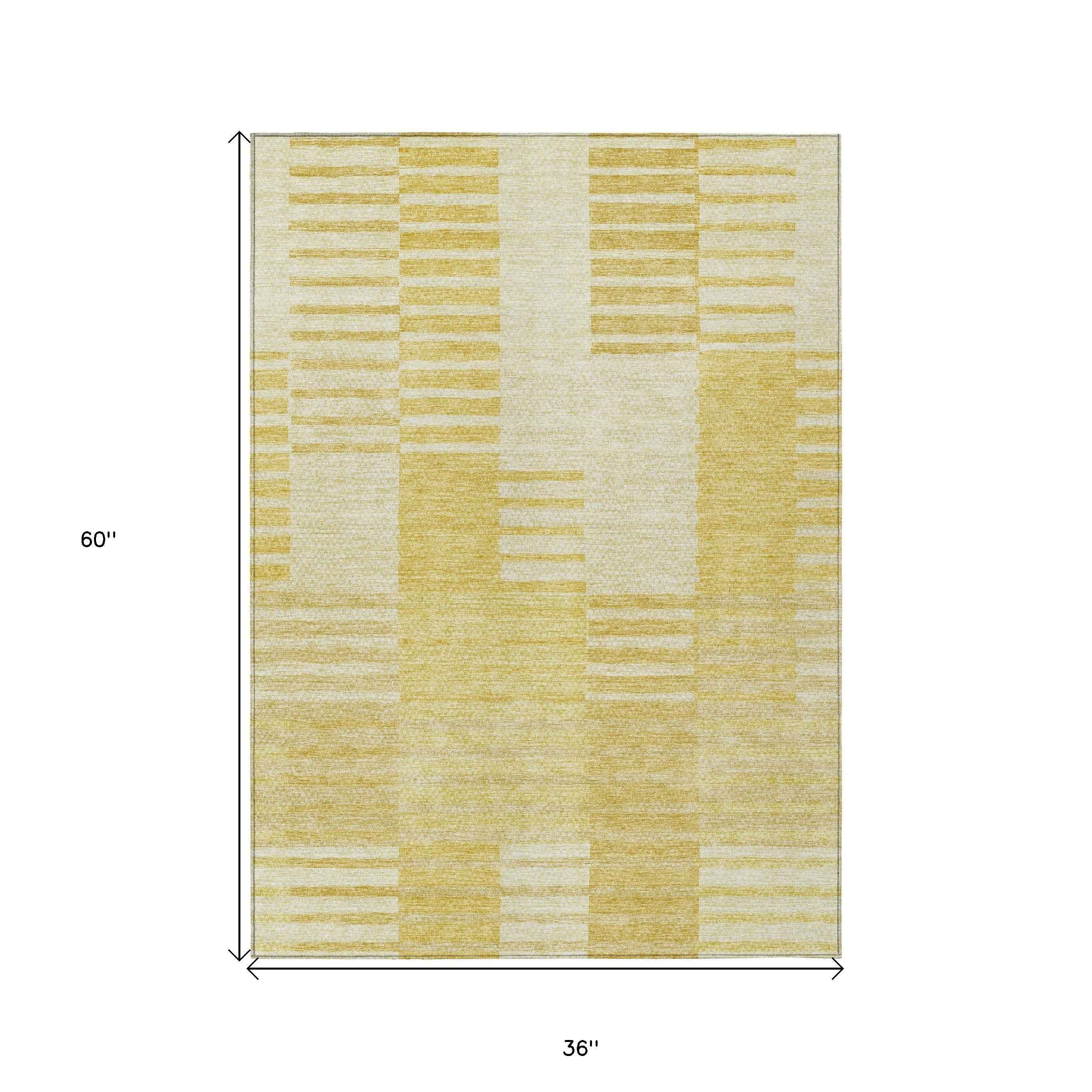 3' X 5' Gold Wheat And Ivory Striped Washable Indoor Outdoor Area Rug