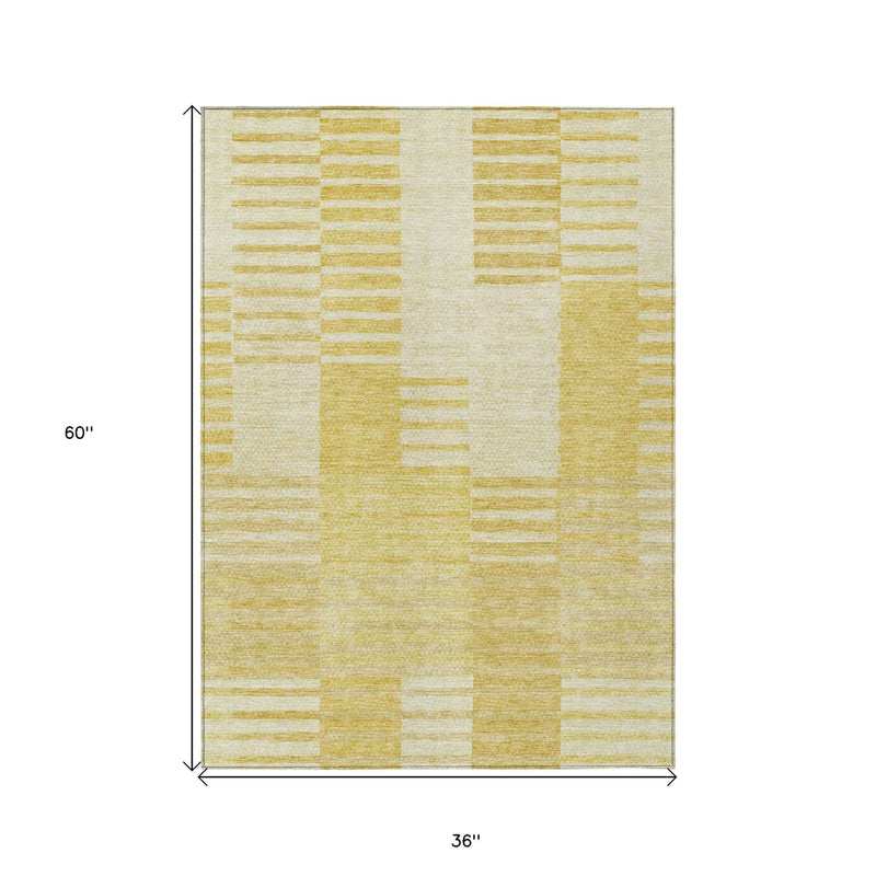 3' X 5' Gold Wheat And Ivory Striped Washable Indoor Outdoor Area Rug