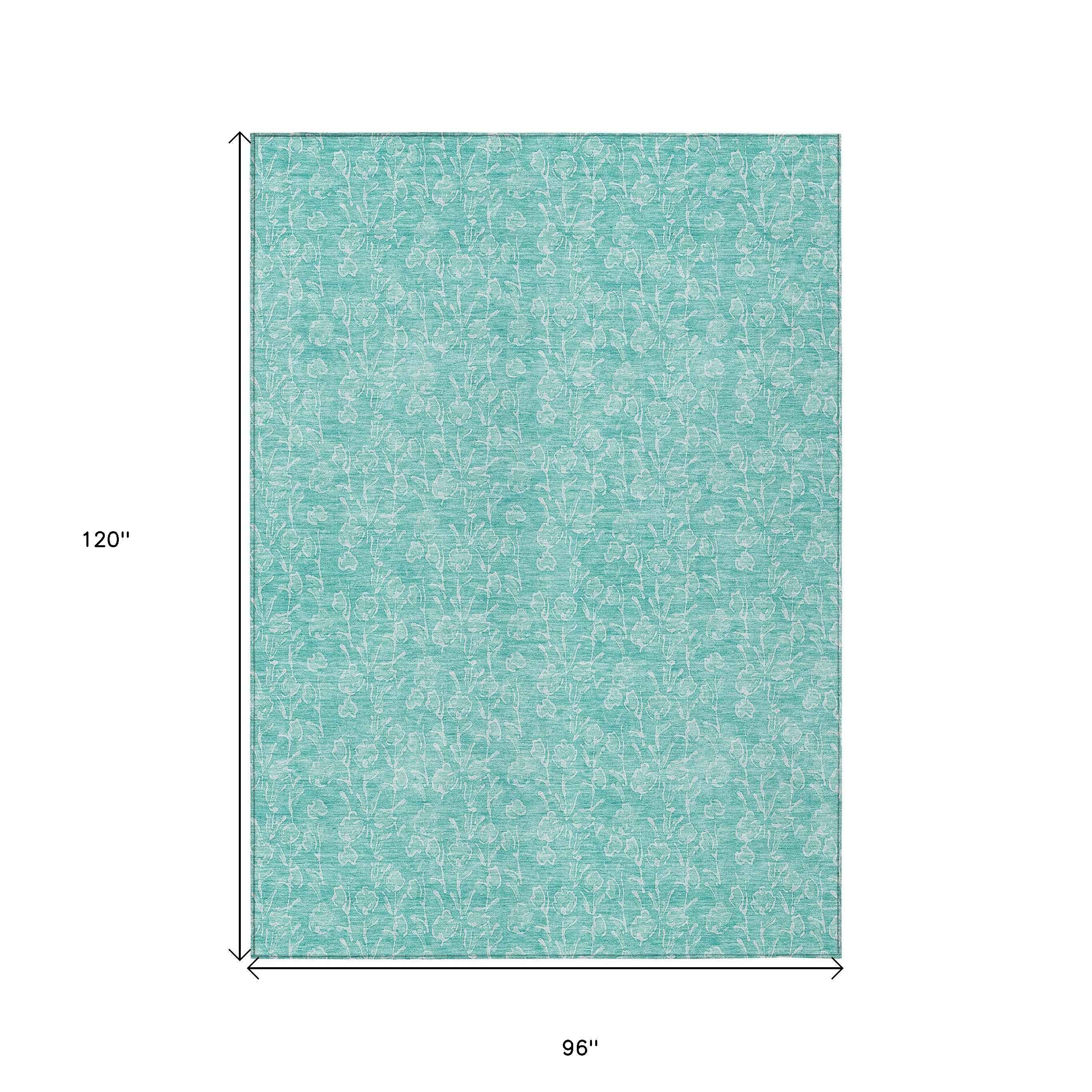 8' X 10' Teal Blue And Ivory Floral Washable Indoor Outdoor Area Rug