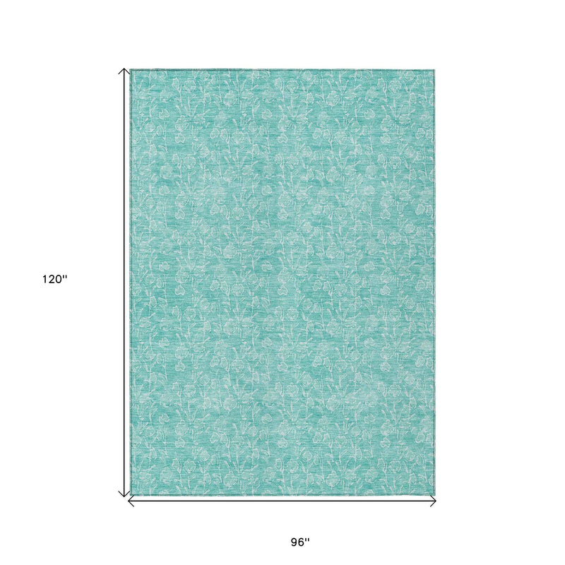8' X 10' Teal Blue And Ivory Floral Washable Indoor Outdoor Area Rug