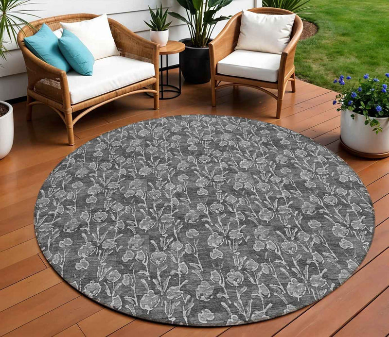 8' Gray Charcoal And Silver Round Floral Washable Indoor Outdoor Area Rug