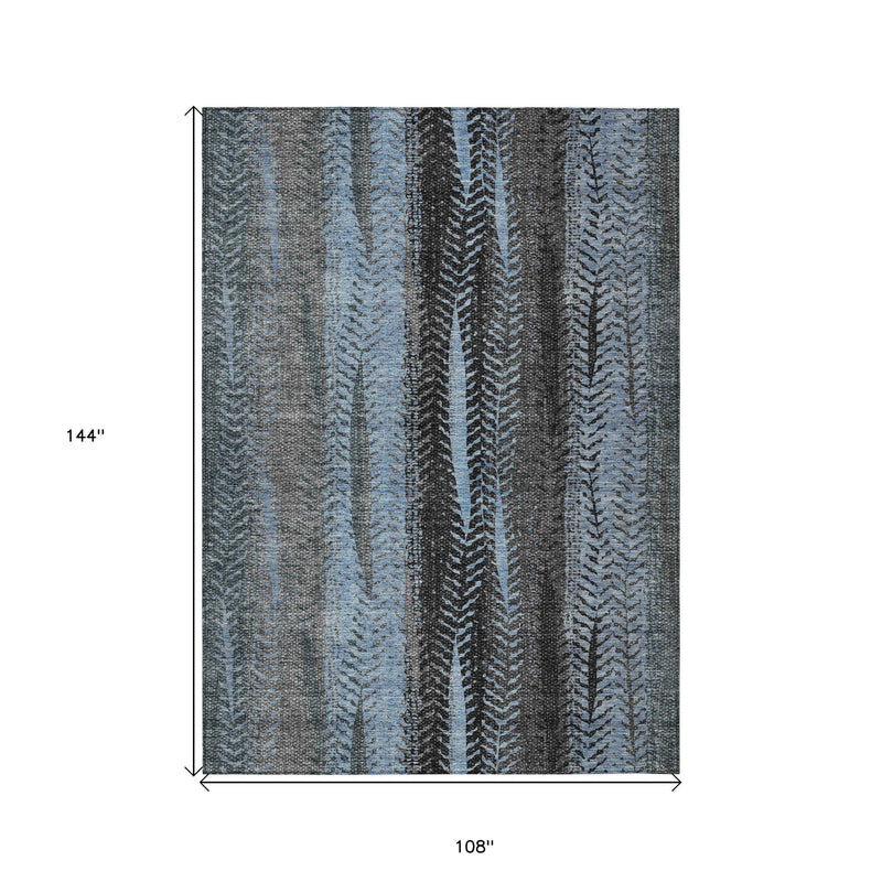 9' X 12' Blue Gray And Charcoal Botanical Leaves Washable Indoor Outdoor Area Rug