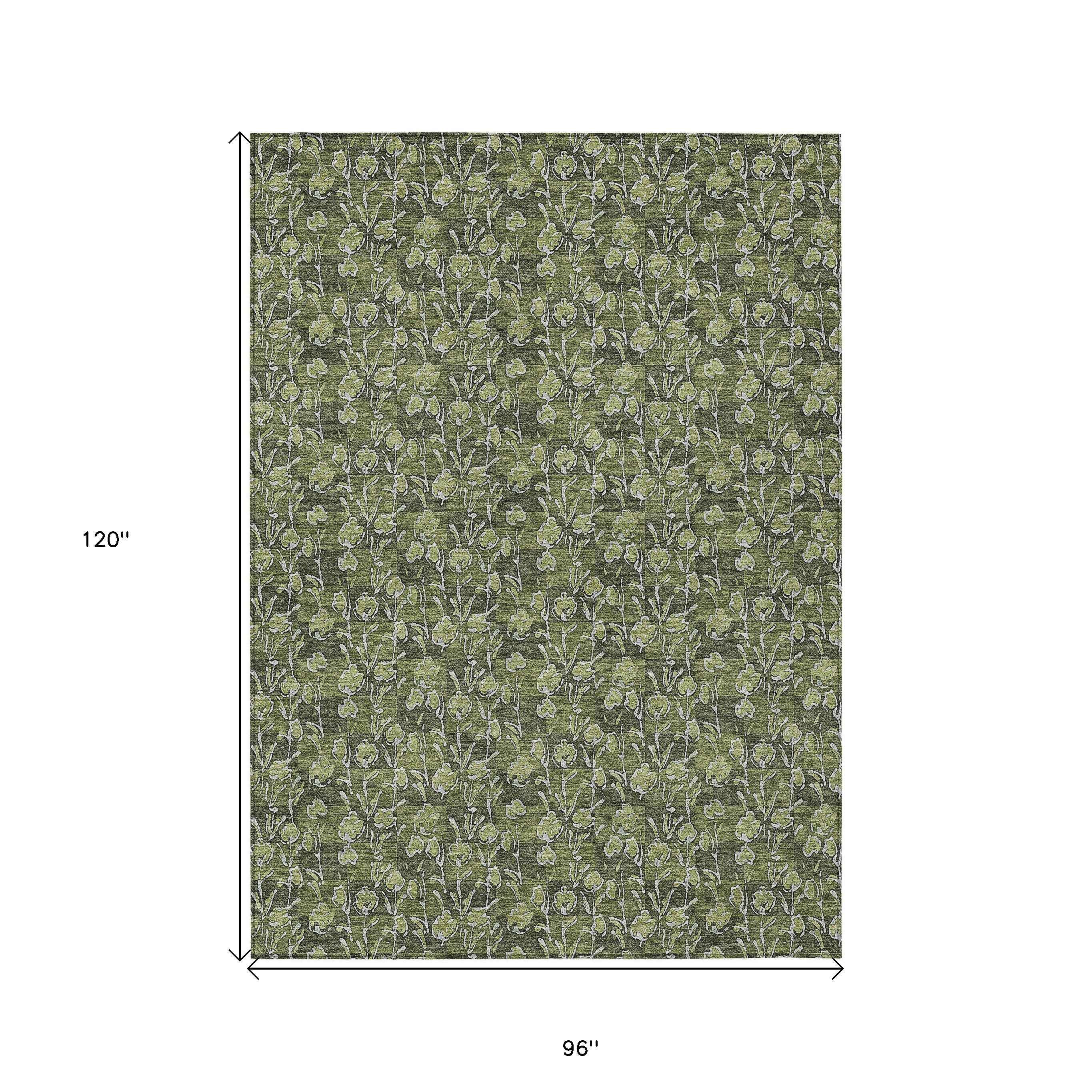 8' X 10' Olive Green Artichoke Green And Ivory Floral Washable Indoor Outdoor Area Rug