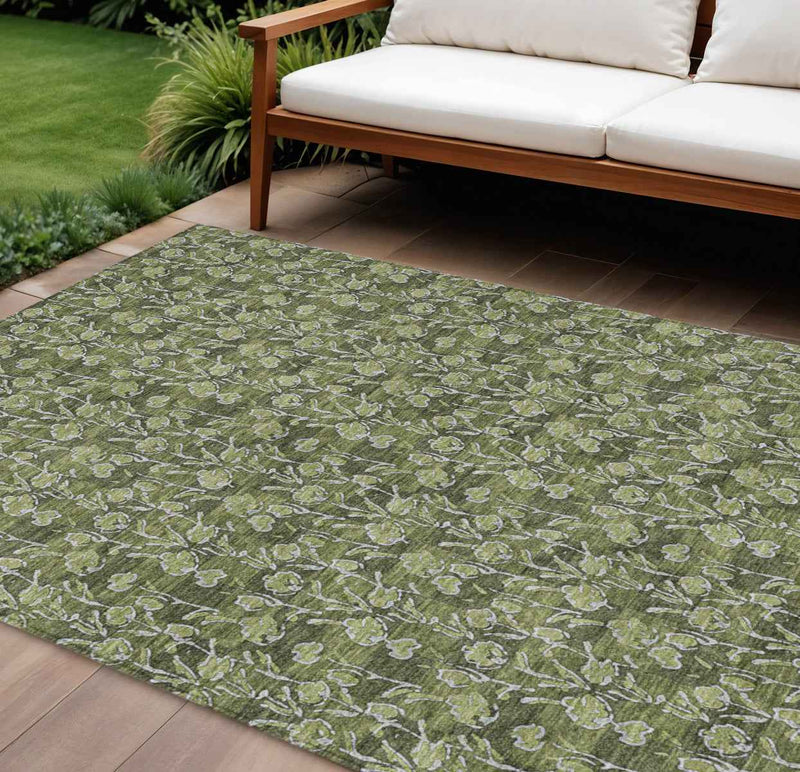 8' X 10' Olive Green Artichoke Green And Ivory Floral Washable Indoor Outdoor Area Rug