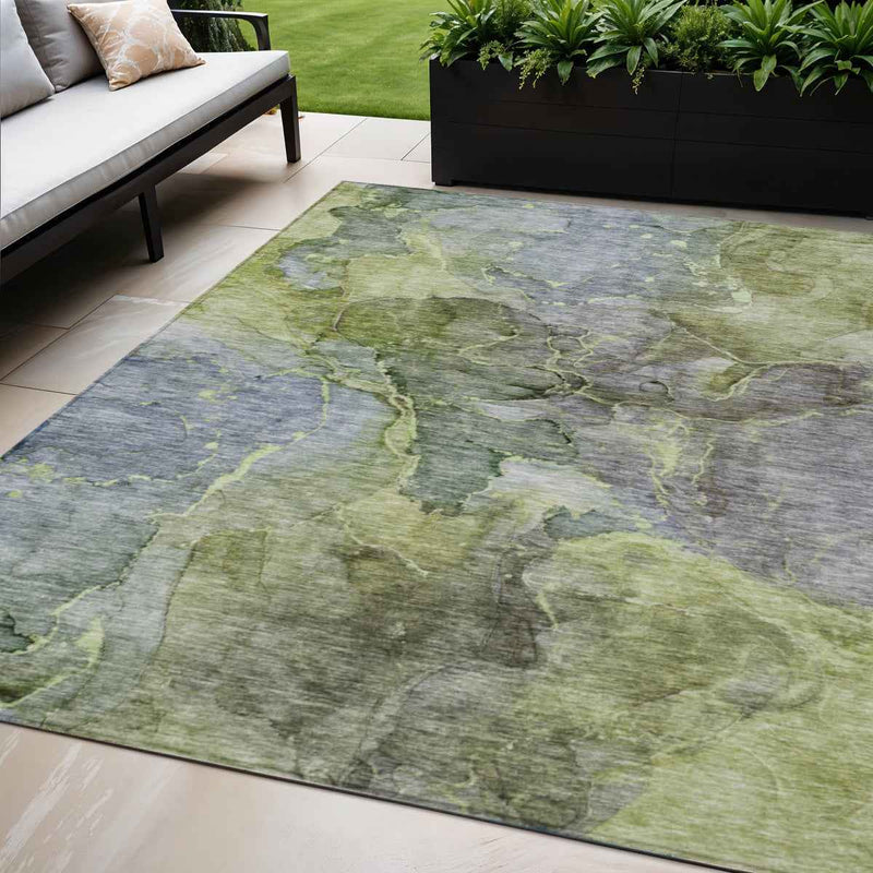 5' X 8' Olive Green And Gray Abstract Washable Indoor Outdoor Area Rug