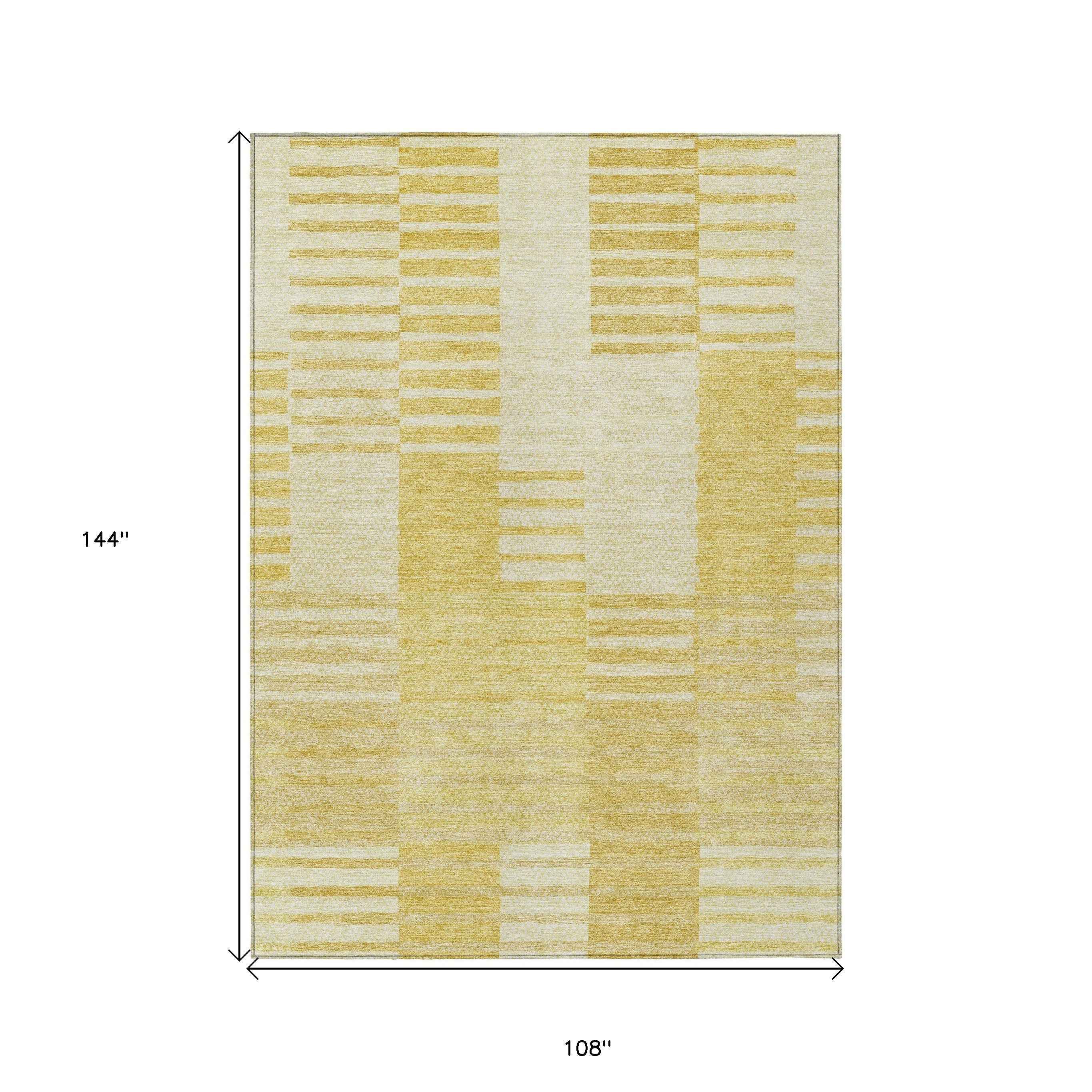 9' X 12' Gold Wheat And Ivory Striped Washable Indoor Outdoor Area Rug