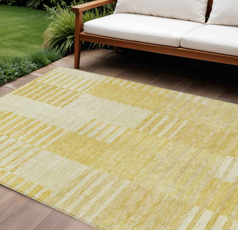 9' X 12' Gold Wheat And Ivory Striped Washable Indoor Outdoor Area Rug