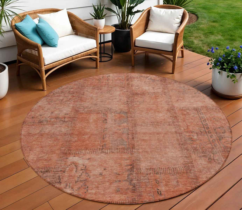 8' Salmon Copper And Gray Round Patchwork Washable Indoor Outdoor Area Rug