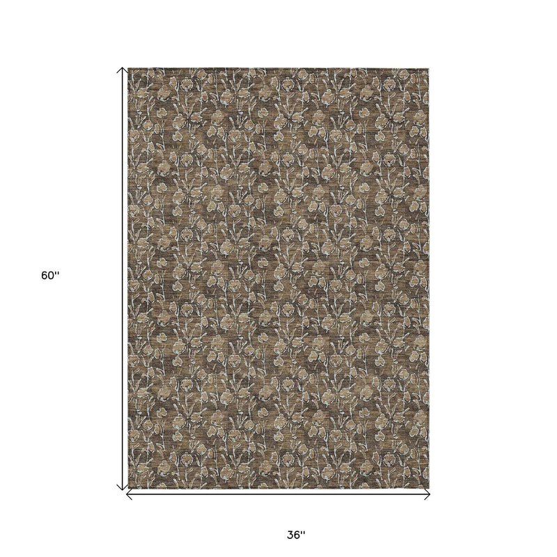 3' X 5' Brown And Ivory Floral Washable Indoor Outdoor Area Rug