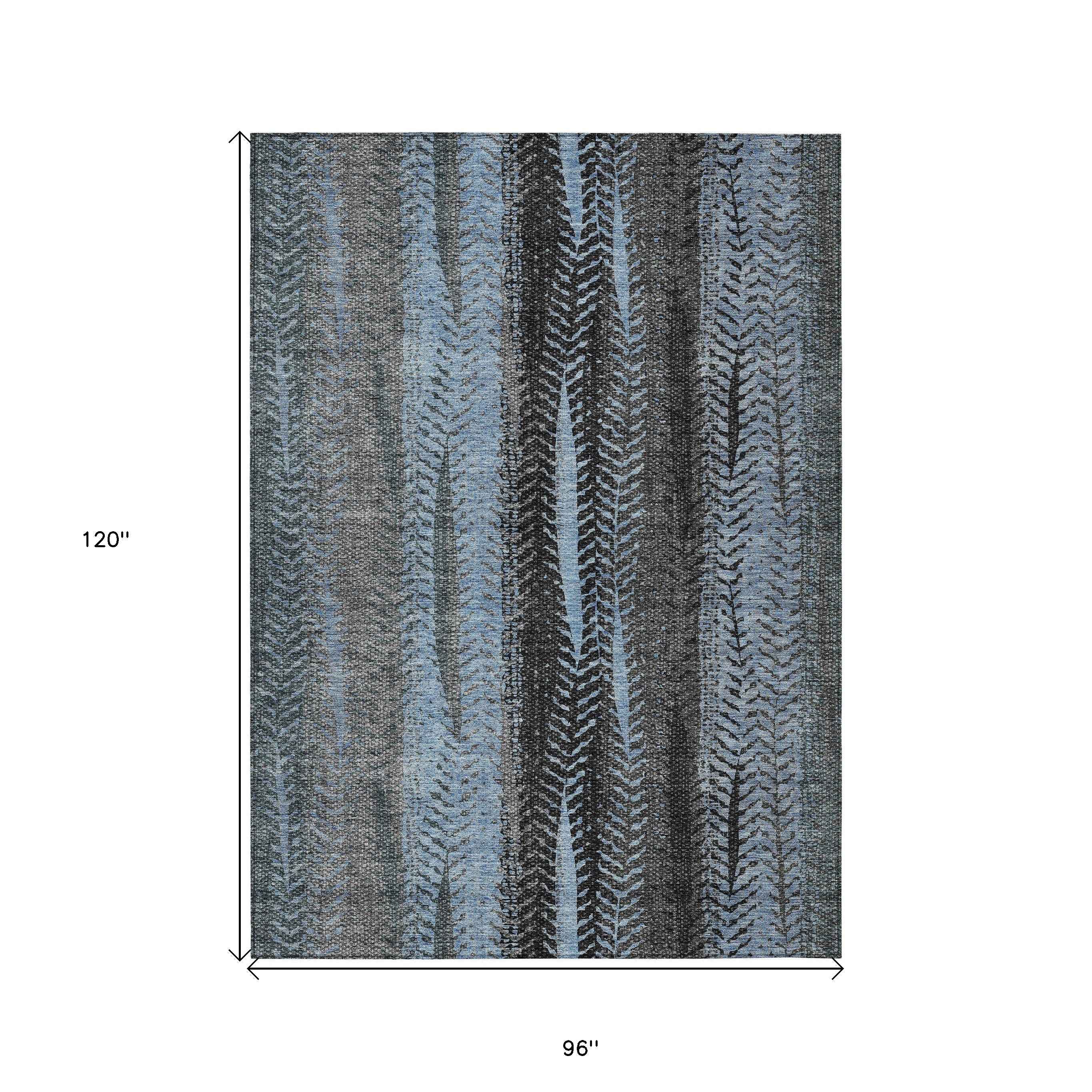 8' X 10' Blue Gray And Charcoal Botanical Leaves Washable Indoor Outdoor Area Rug