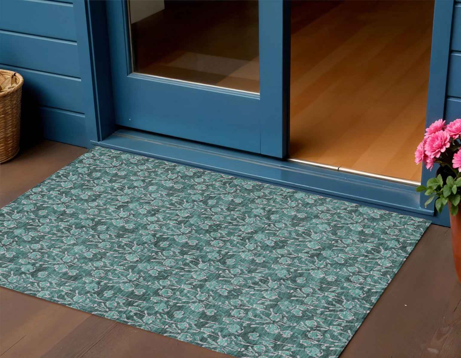 3' X 5' Teal Blue Aqua And Ivory Floral Washable Indoor Outdoor Area Rug