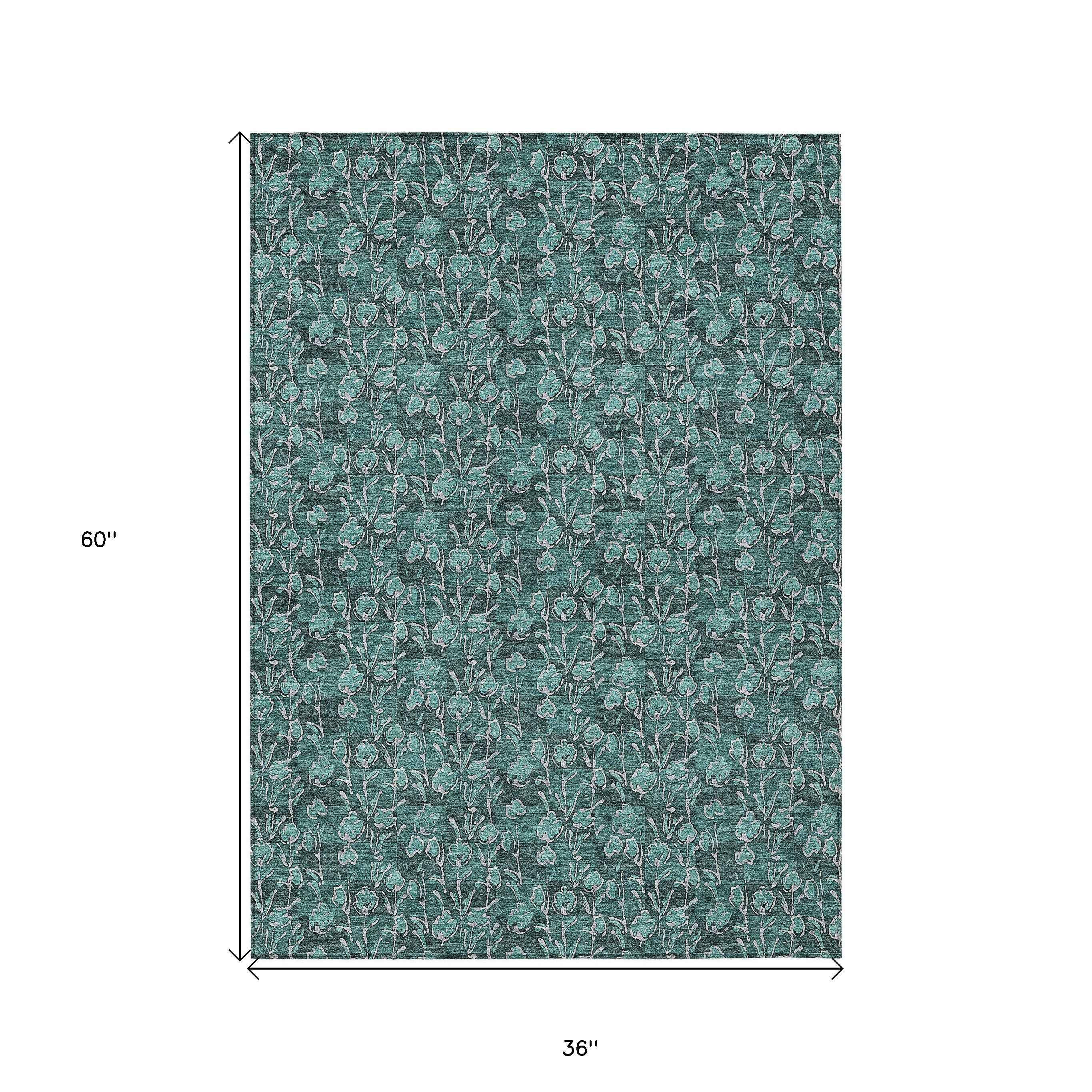 3' X 5' Teal Blue Aqua And Ivory Floral Washable Indoor Outdoor Area Rug
