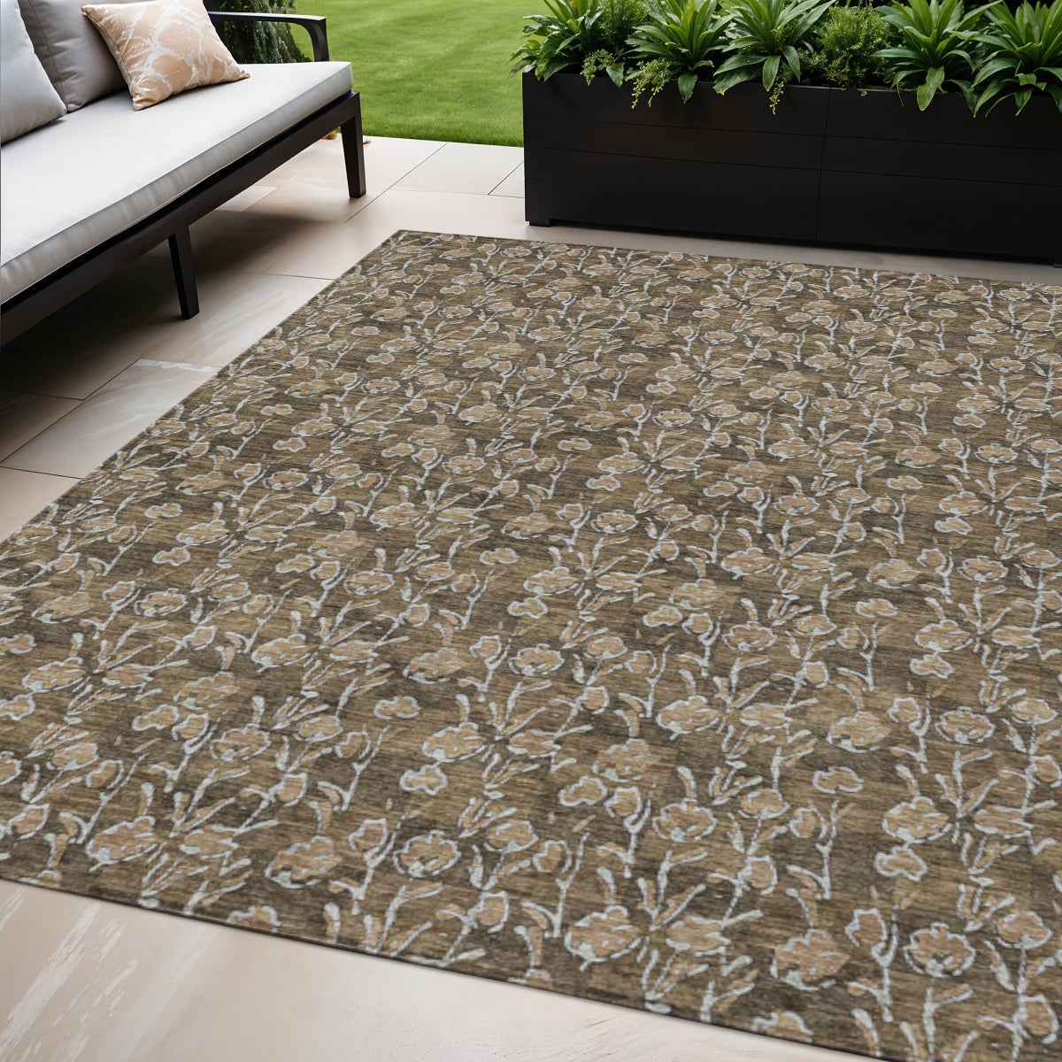 5' X 8' Brown And Ivory Floral Washable Indoor Outdoor Area Rug