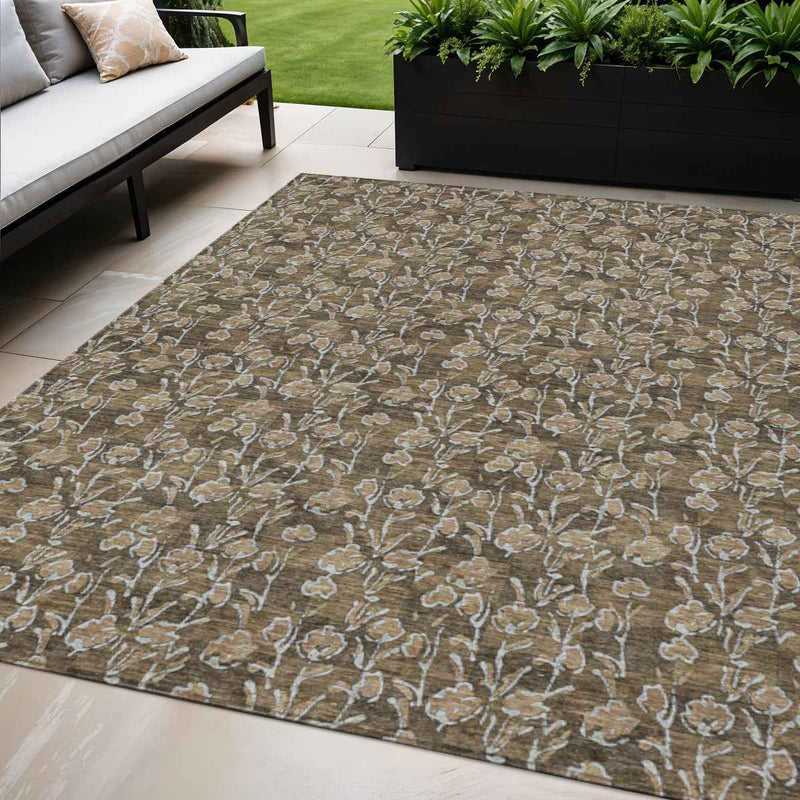 5' X 8' Brown And Ivory Floral Washable Indoor Outdoor Area Rug