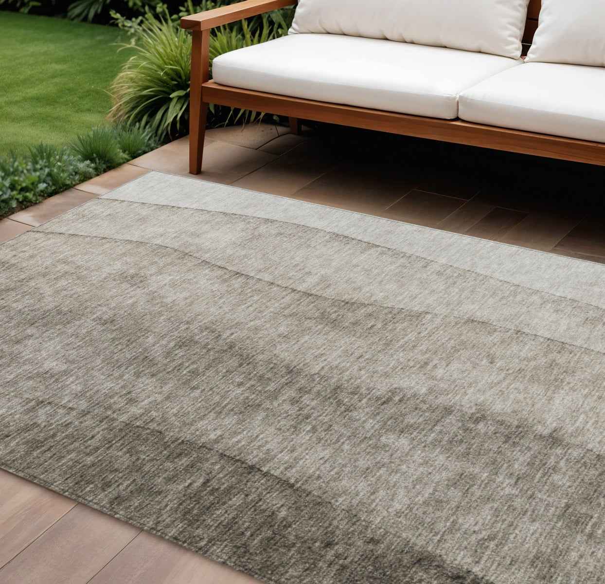 9' X 12' Taupe Brown And Ivory Ombre Washable Indoor Outdoor Area Rug