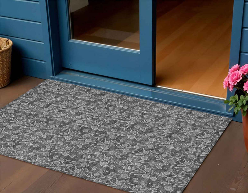 3' X 5' Gray Charcoal And Silver Floral Washable Indoor Outdoor Area Rug