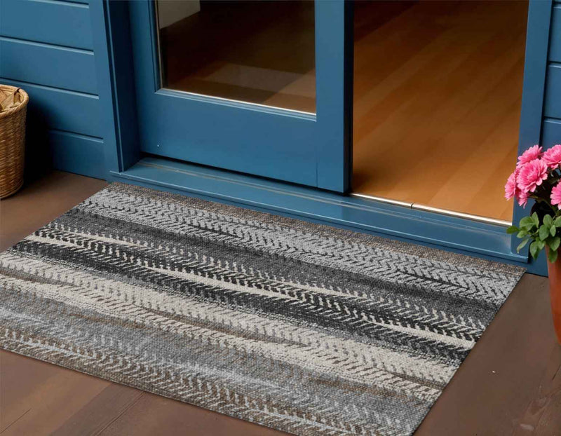 3' X 5' Brown Gray And Ivory Botanical Leaves Washable Indoor Outdoor Area Rug