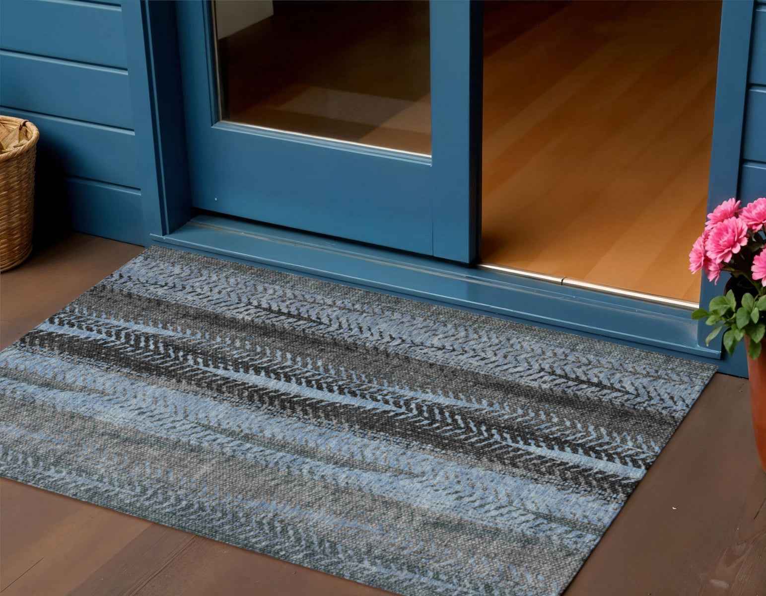 3' X 5' Blue Gray And Charcoal Botanical Leaves Washable Indoor Outdoor Area Rug