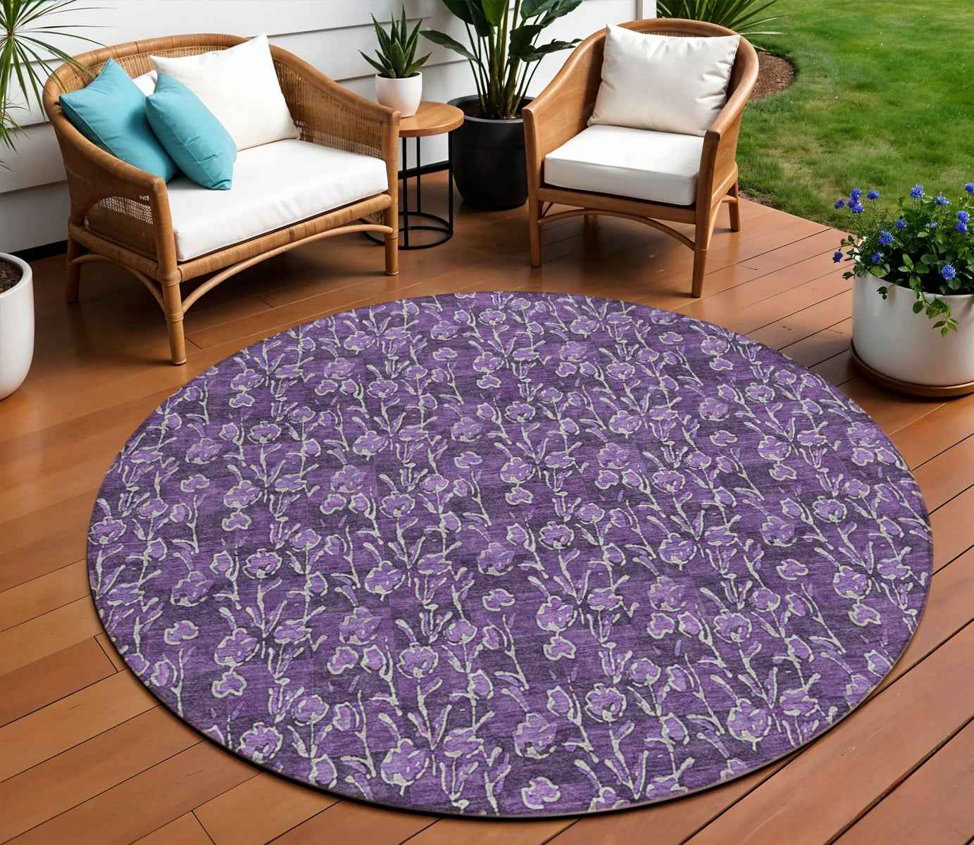 8' Purple Eggplant And Ivory Round Floral Washable Indoor Outdoor Area Rug