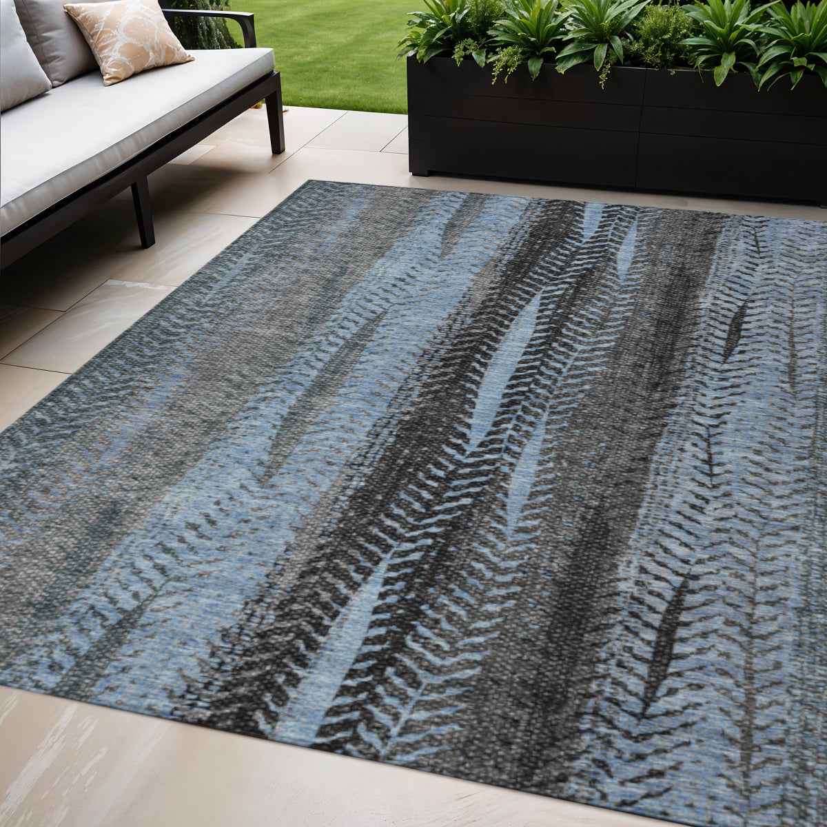 5' X 8' Blue Gray And Charcoal Botanical Leaves Washable Indoor Outdoor Area Rug