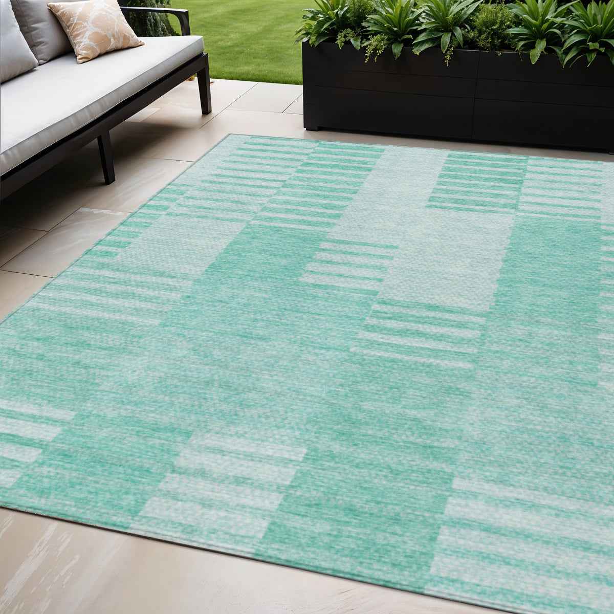 5' X 8' Teal Blue Aqua And Ivory Striped Washable Indoor Outdoor Area Rug
