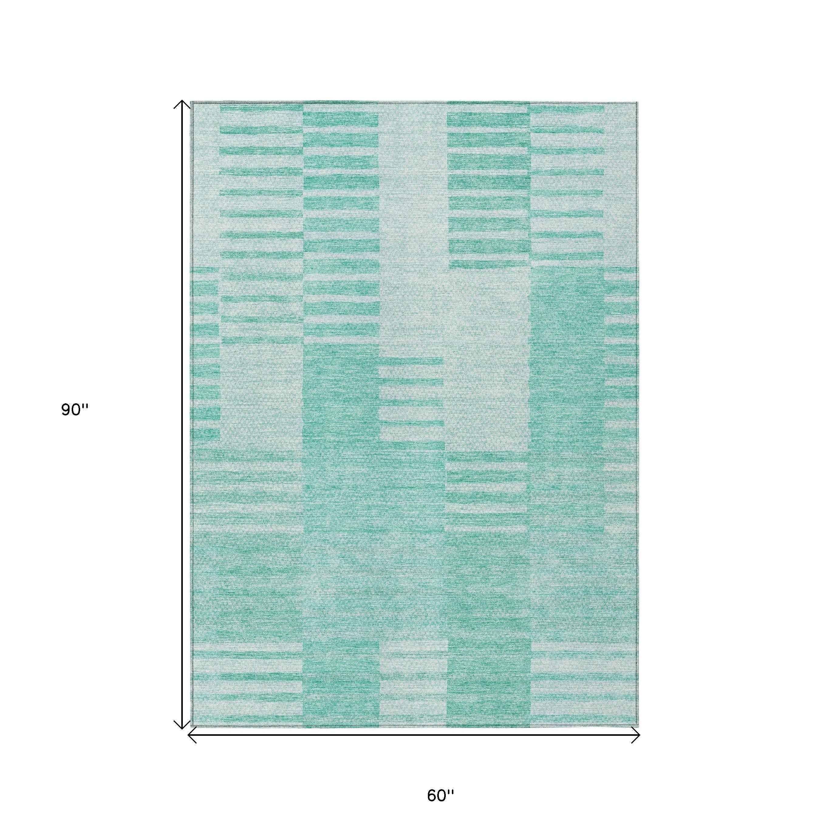 5' X 8' Teal Blue Aqua And Ivory Striped Washable Indoor Outdoor Area Rug