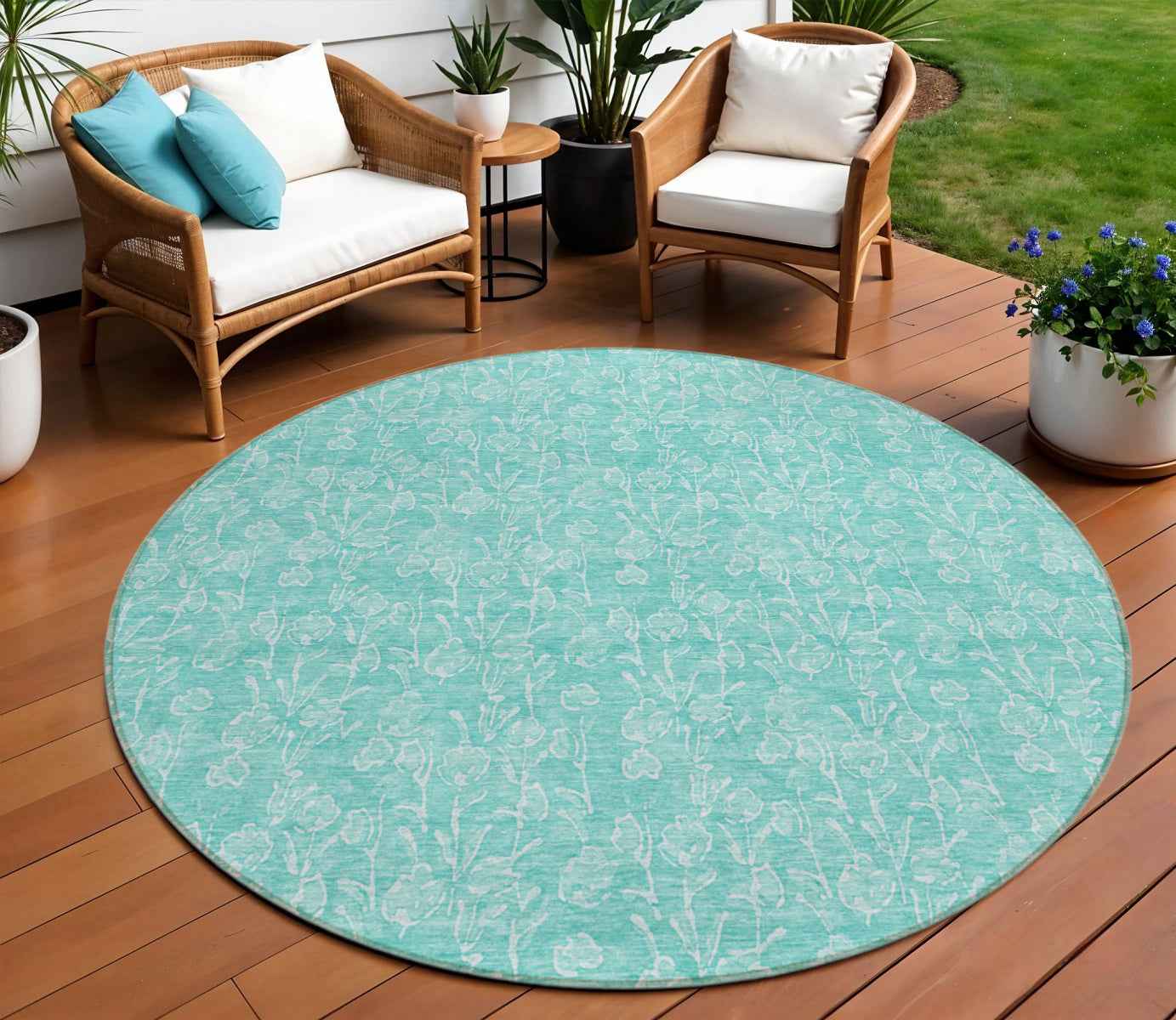 8' Teal Blue And Ivory Round Floral Washable Indoor Outdoor Area Rug